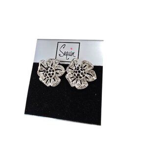 Sequin Women's Statement Flower Silver Plated Black Crystal Stud Earrings NWT